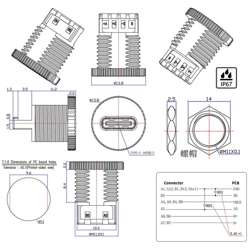 Cablecc 5pcs/Set DC Power 5V/20V DIY OEM Type C Female Socket Connector to 6Pin PCBA Pinout PD IP67（Scew Nut Mount Type） - Image 5